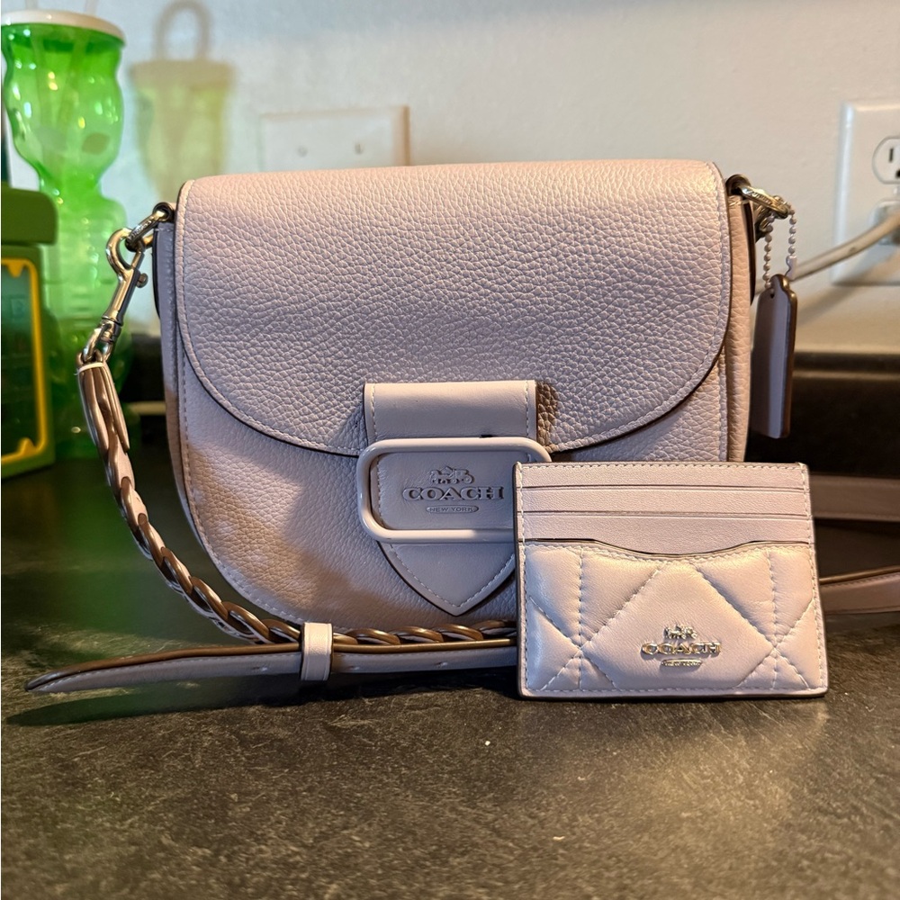 COACH Pebbled Leather Crossbody in Light Lilac with Matching Card Case